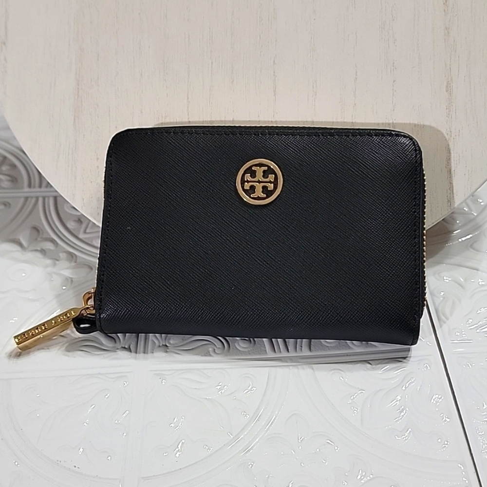 Tory Burch Emerson Mini Black Saffiano Leather Zip Around Wallet Authentic
